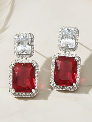 KARATCART Sparkling Red American Diamond Silver-Plated Emerald-Cut Drop Earrings for Women