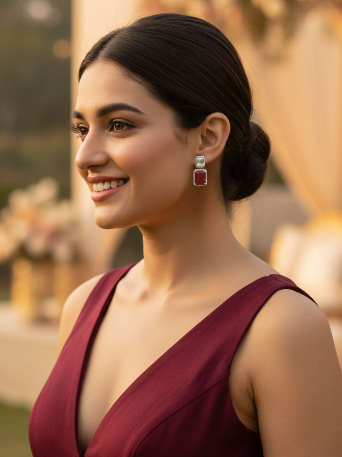 KARATCART Sparkling Red American Diamond Silver-Plated Emerald-Cut Drop Earrings for Women