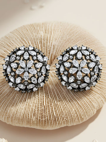 KARATCART Glamorous Floral Dome American Diamond Black-Plated Stud Earrings for Women