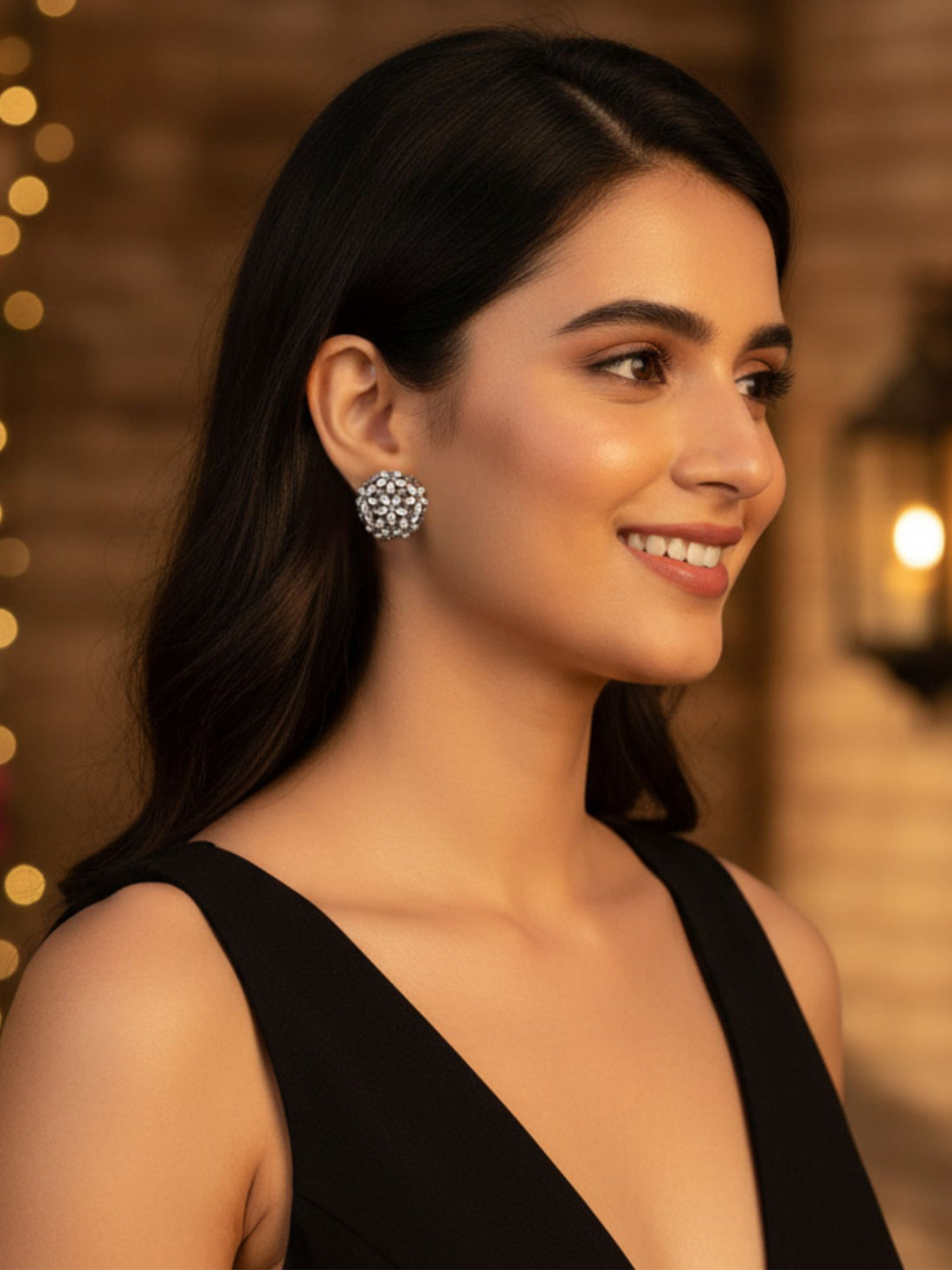 KARATCART Glamorous Floral Dome American Diamond Black-Plated Stud Earrings for Women