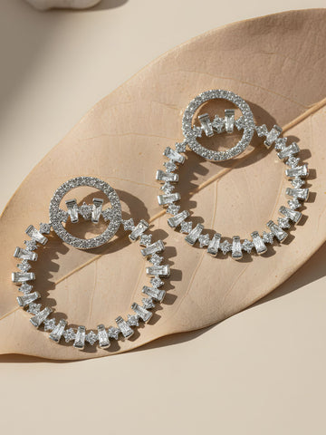 KARATCART Luxury American Diamond Silver-Plated Halo Stud Earrings for Women