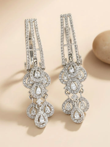 KARATCART Sparkling American Diamond Silver-Plated Dangling Drop Earrings for Women