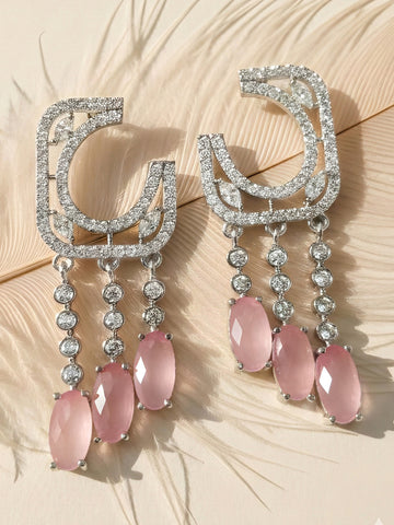 KARATCART Pastel Pink American Diamond Silver-Plated Dangle Earrings for Women
