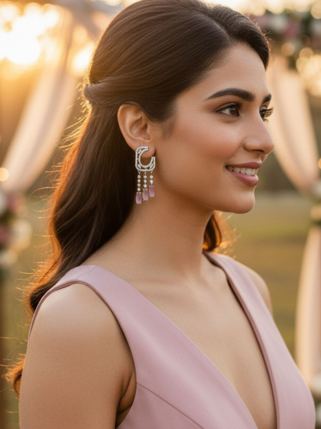 KARATCART Pastel Pink American Diamond Silver-Plated Dangle Earrings for Women