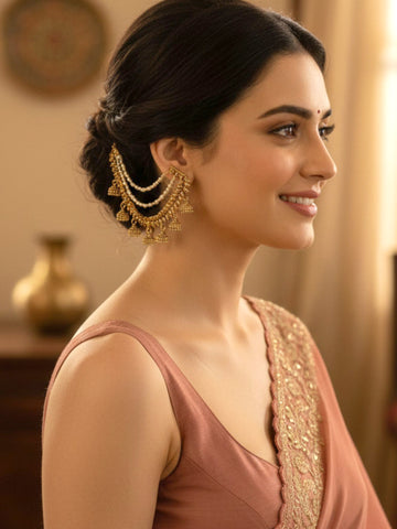 KARATCART Designer Gold-Plated Small Jhumka Style Kaanchain Earrings for Women