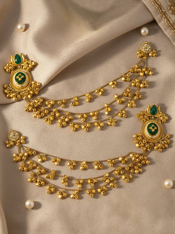 KARATCART Designer Green Stone Gold-Plated Ghungroo Kaanchain Earrings for Women