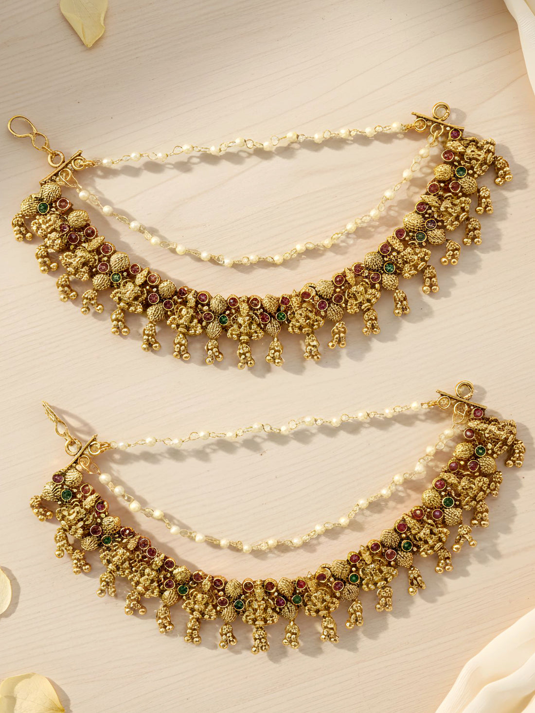 KARATCART Designer Gold-Plated Goddess Lakshmi Motif Red Green Stone Kaanchain Earrings for Women