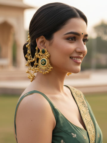 KARATCART Designer Green Stone Gold-Plated Ghungroo Kaanchain Earrings for Women