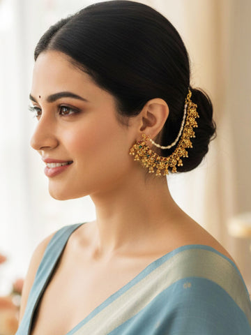 KARATCART Designer Gold-Plated Goddess Lakshmi Motif Red Green Stone Kaanchain Earrings for Women