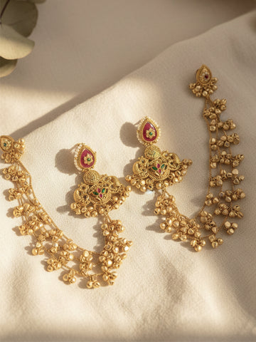 KARATCART Traditional Temple Design Red & Green Stone Gold-Plated Kaanchain Earrings for Women