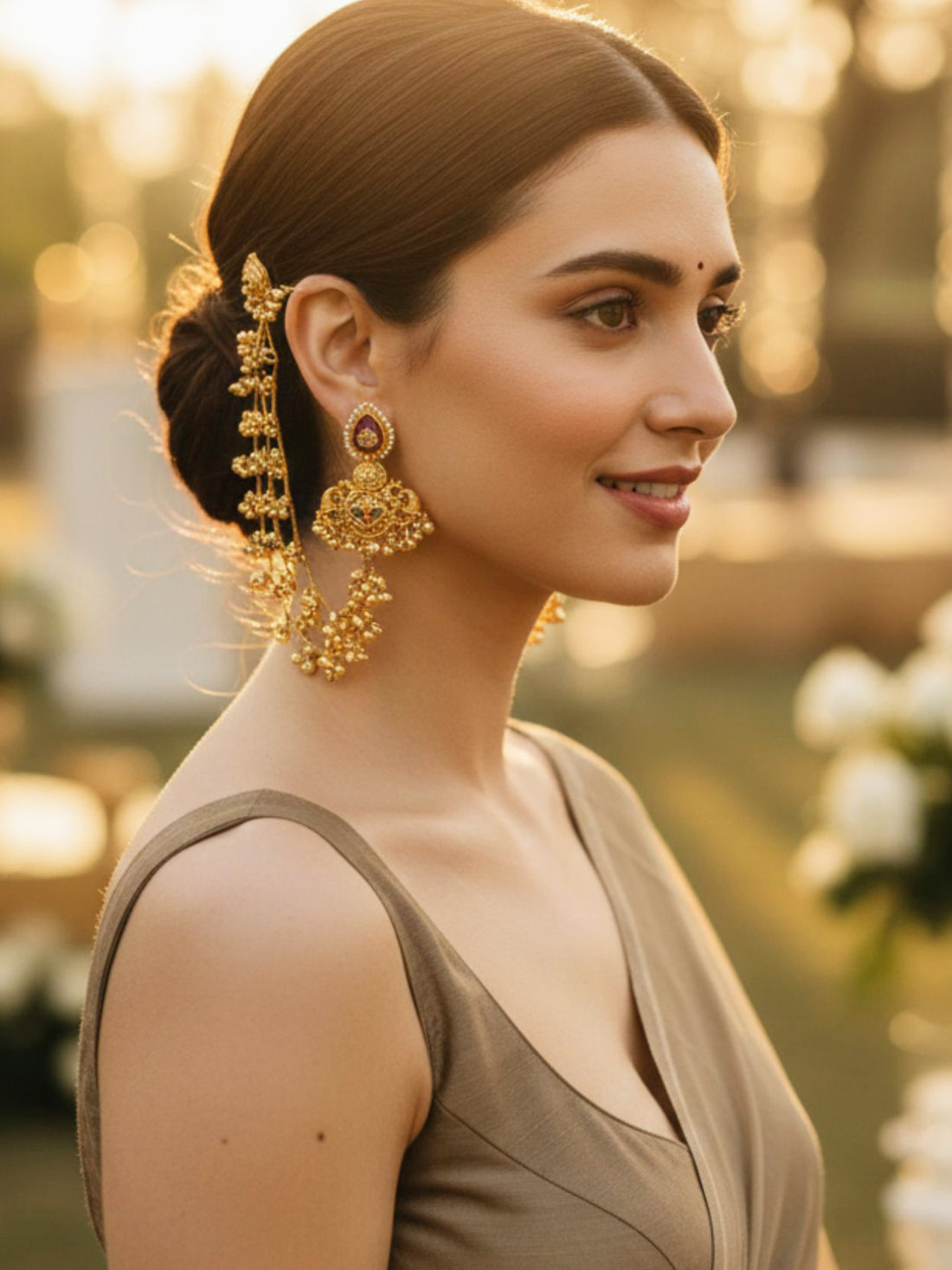 KARATCART Traditional Temple Design Red & Green Stone Gold-Plated Kaanchain Earrings for Women