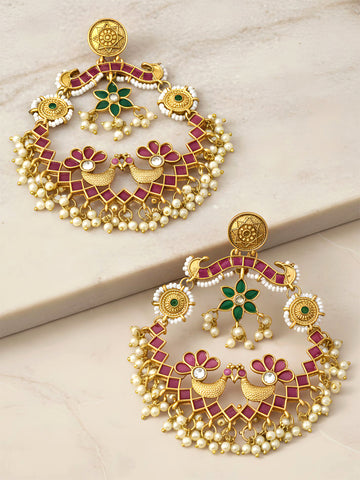 KARATCART Designer Peacock Motif Pink & Green Stone Gold-Plated Temple Chandbali Earrings for Women