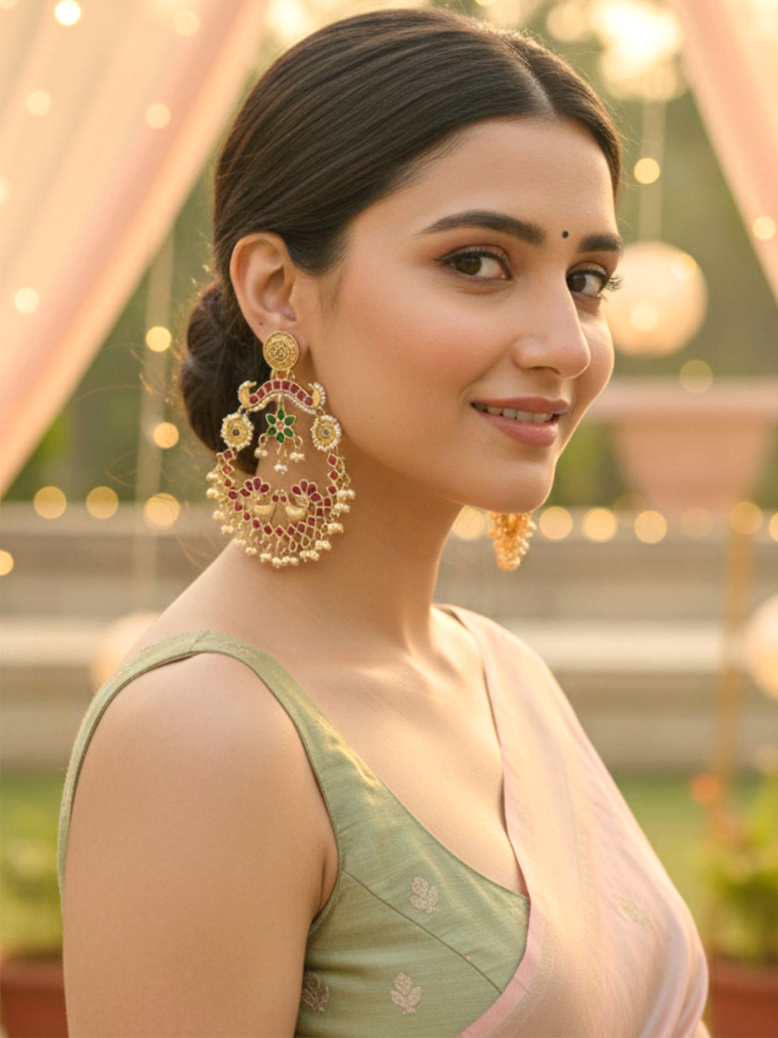 KARATCART Designer Peacock Motif Pink & Green Stone Gold-Plated Temple Chandbali Earrings for Women