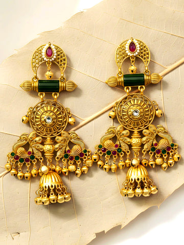 KARATCART Designer Temple Design Green Stone Gold-Plated Jhumka Earrings for Women