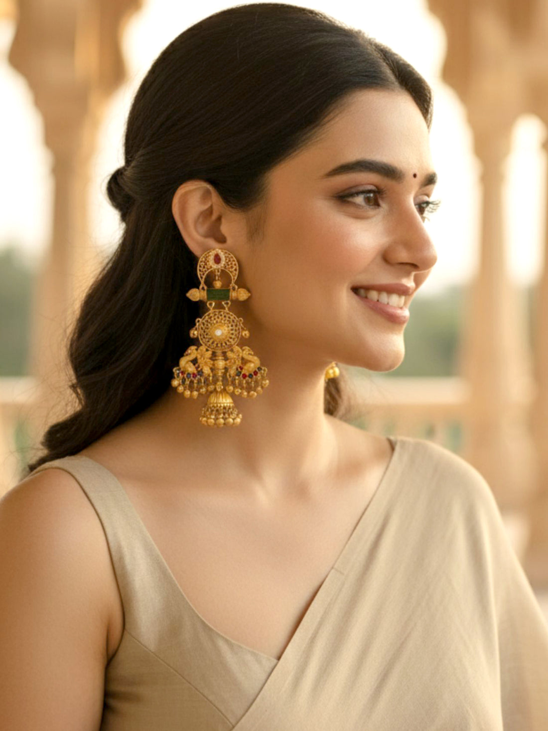 KARATCART Traditional Temple Design Green Stone Gold-Plated Jhumka Dangler Earrings for Women