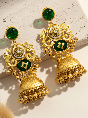 KARATCART Designer Temple Design Green Stone Gold-Plated Jhumka Earrings for Women
