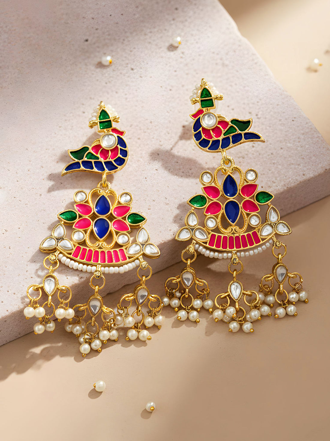 KARATCART Handcrafted Gold-Plated Peacock Motif Multicolor Enamel Kundan Dangler Earrings for Women