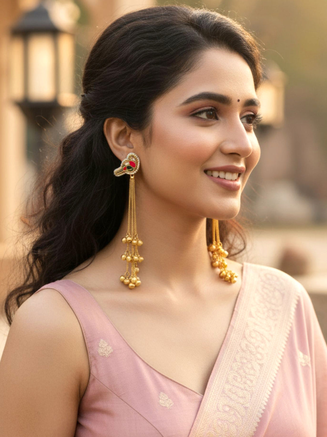 KARATCART Designer Gold-Plated Bird Motif Long Kashmiri Style Ghungroo Tassel Earrings for Women