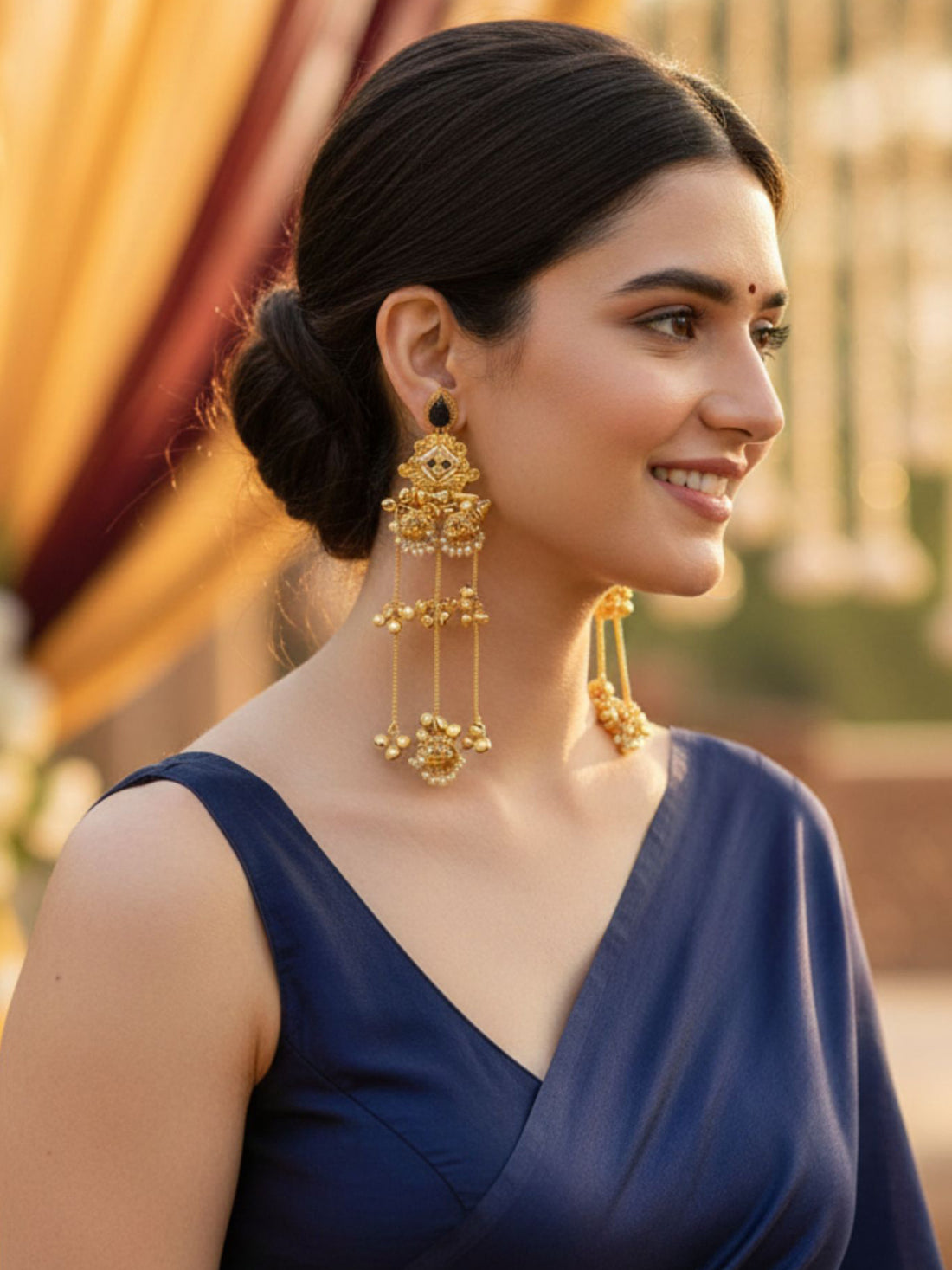 KARATCART Designer Gold-Plated Black Stone Kashmiri Style Jhumki Tassel Earrings for Women