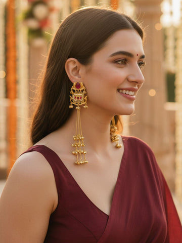 KARATCART Designer Gold-Plated Red Stone Lotus Motif Long Kashmiri Style Dangler Earrings for Women