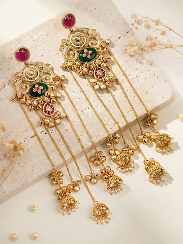 KARATCART Designer Gold-Plated Pink and Green Stone Kashmiri Style Tassel Earrings for Women