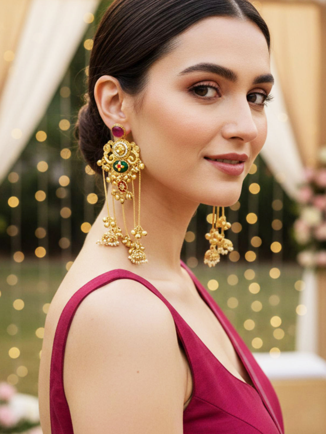 KARATCART Designer Gold-Plated Pink and Green Stone Kashmiri Style Tassel Earrings for Women