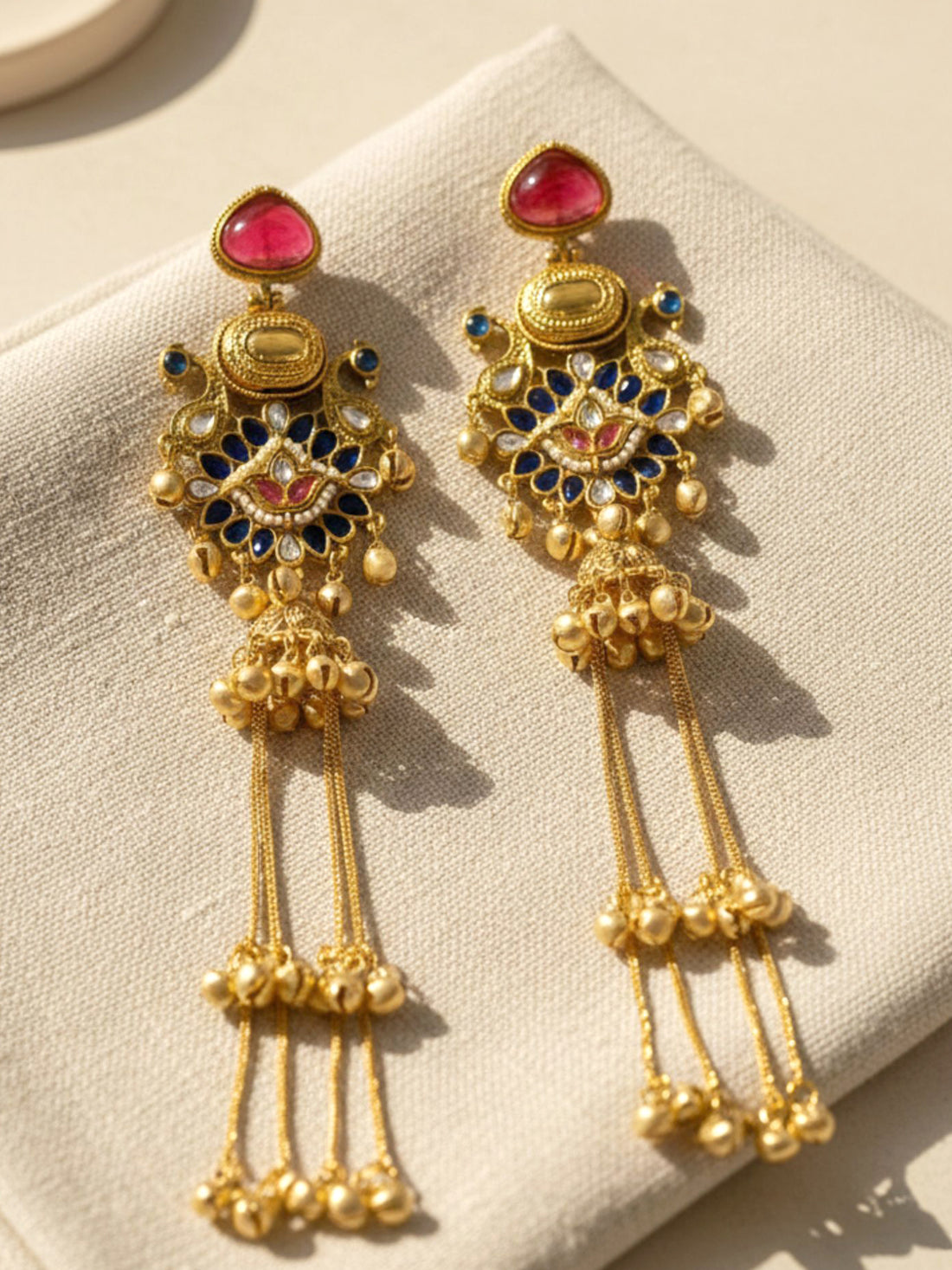 Karatcart Designer Gold Plated Long Kashmiri Earrings with Blue Stones