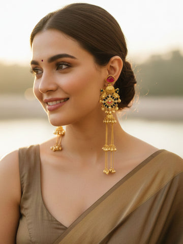 Karatcart Designer Gold Plated Long Kashmiri Earrings with Blue Stones