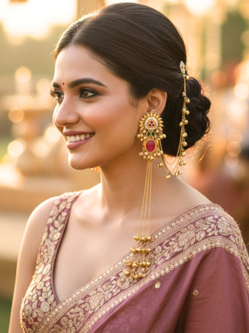 KARATCART Designer Gold-Plated Long Kashmiri Style Kaanchain Earrings for Women