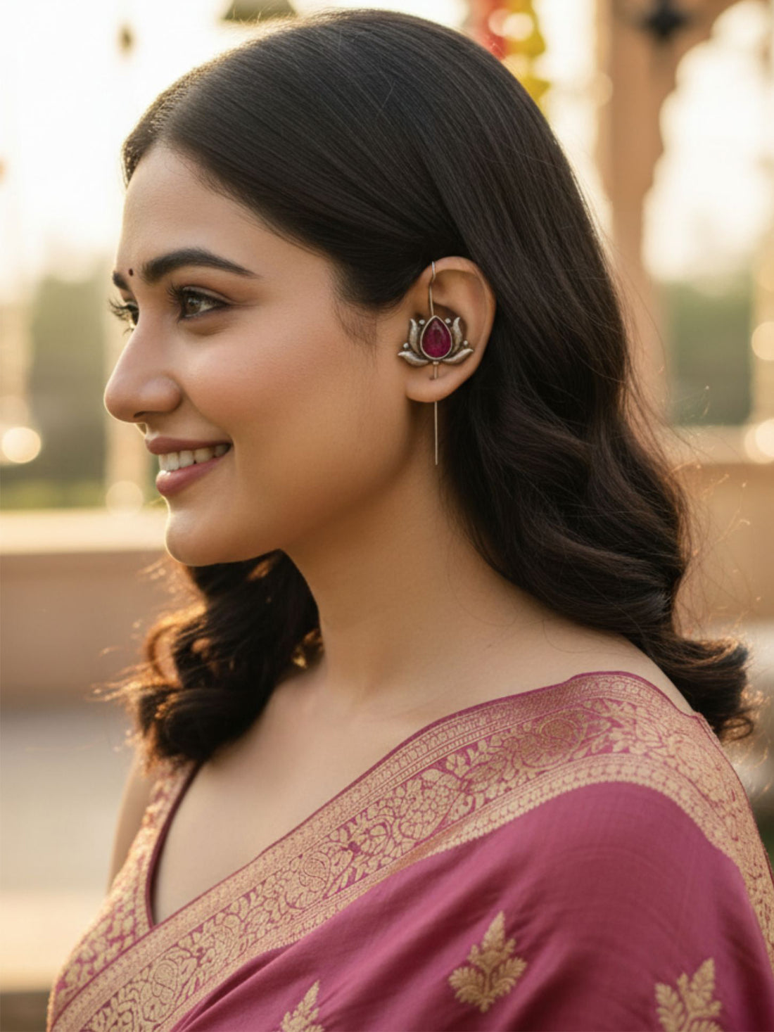 KARATCART Designer Oxidised Silver Pink Stone Lotus Design Cuff Earrings for Women