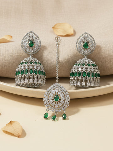 KARATCART Sparkling Green American Diamond Silver-Plated Jhumka Earrings and Maangtikka Combo