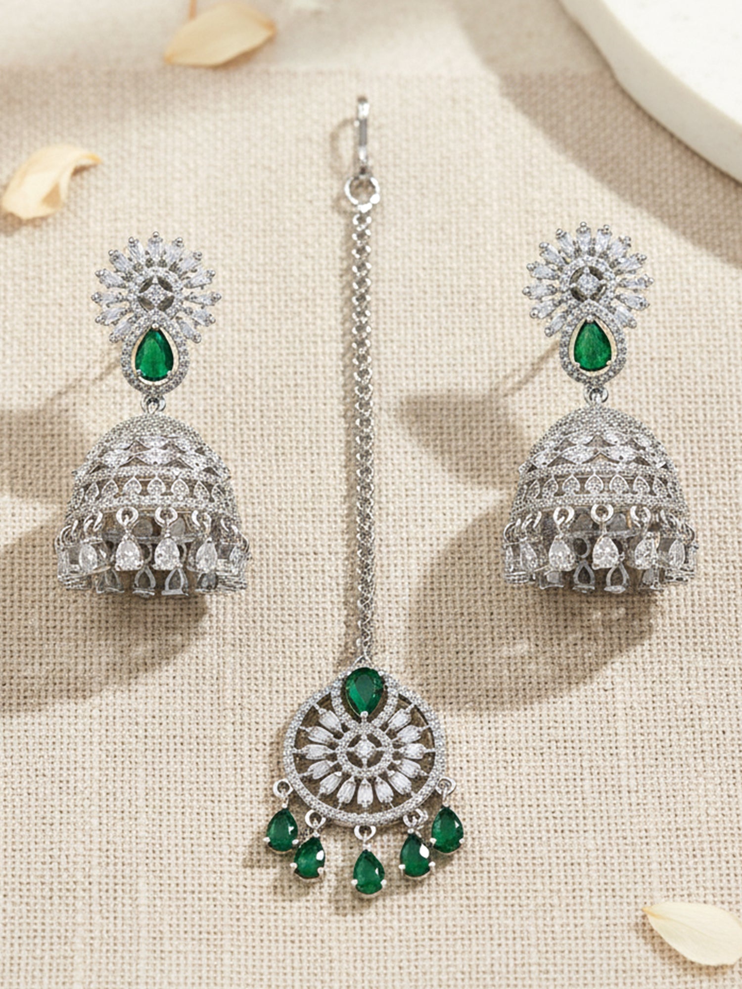 KARATCART Stunning Green American Diamond Silver-Plated Jhumka Earrings and Maangtikka Combo