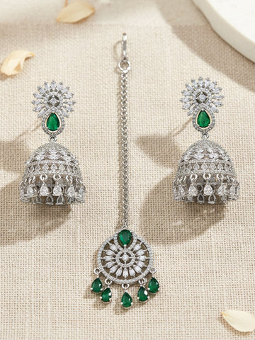 KARATCART Stunning Green American Diamond Silver-Plated Jhumka Earrings and Maangtikka Combo