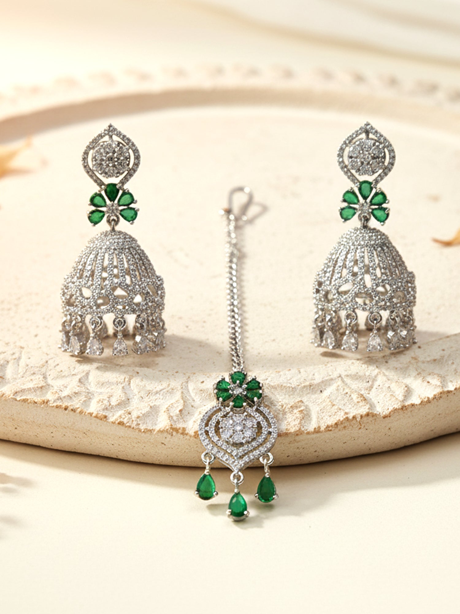 KARATCART Dazzling Green American Diamond Silver-Plated Jhumka Earrings and Maangtikka Combo