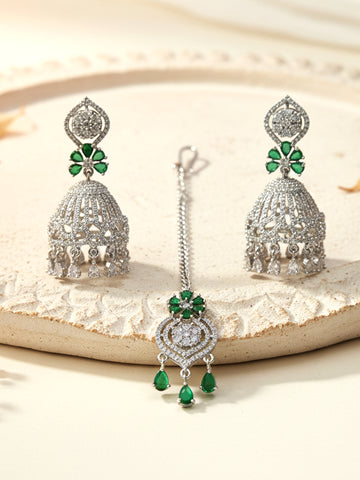 KARATCART Dazzling Green American Diamond Silver-Plated Jhumka Earrings and Maangtikka Combo