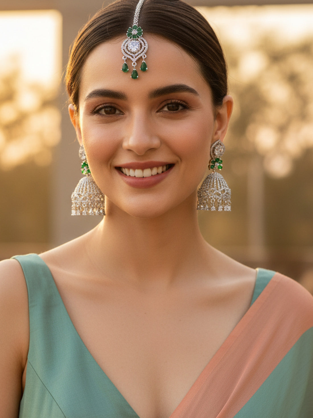 KARATCART Dazzling Green American Diamond Silver-Plated Jhumka Earrings and Maangtikka Combo