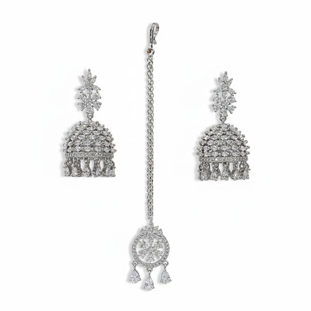 KARATCART Dazzling American Diamond Silver-Plated Jhumka Earrings and Maangtikka Combo for Women