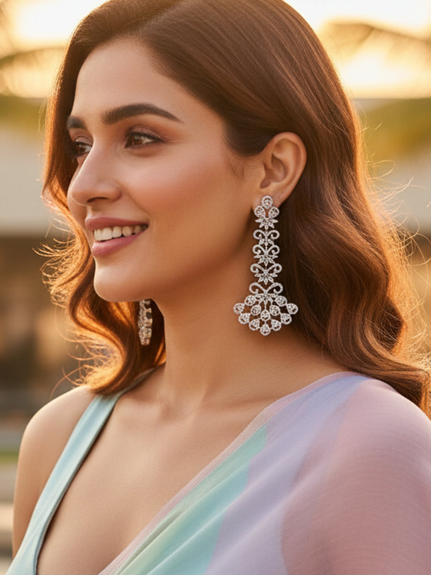 KARATCART Premium Silver-Plated Sparkling American Diamond Long Drop Earrings for Women