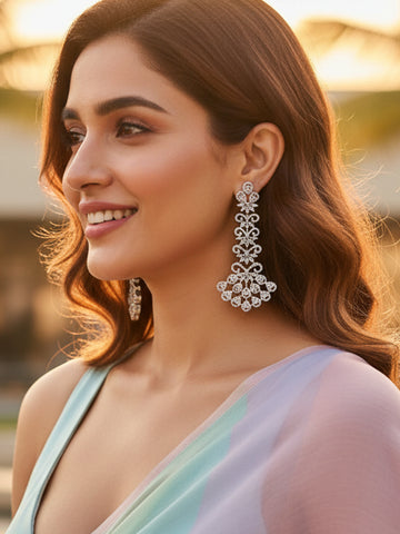 KARATCART Premium Silver-Plated Sparkling American Diamond Long Drop Earrings for Women