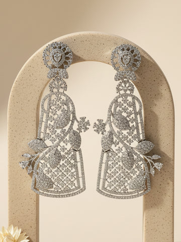 KARATCART Designer Silver-Plated Sparkling American Diamond Long Floral Drop Earrings for Women