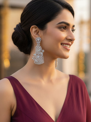 KARATCART Designer Silver-Plated Sparkling American Diamond Long Floral Drop Earrings for Women