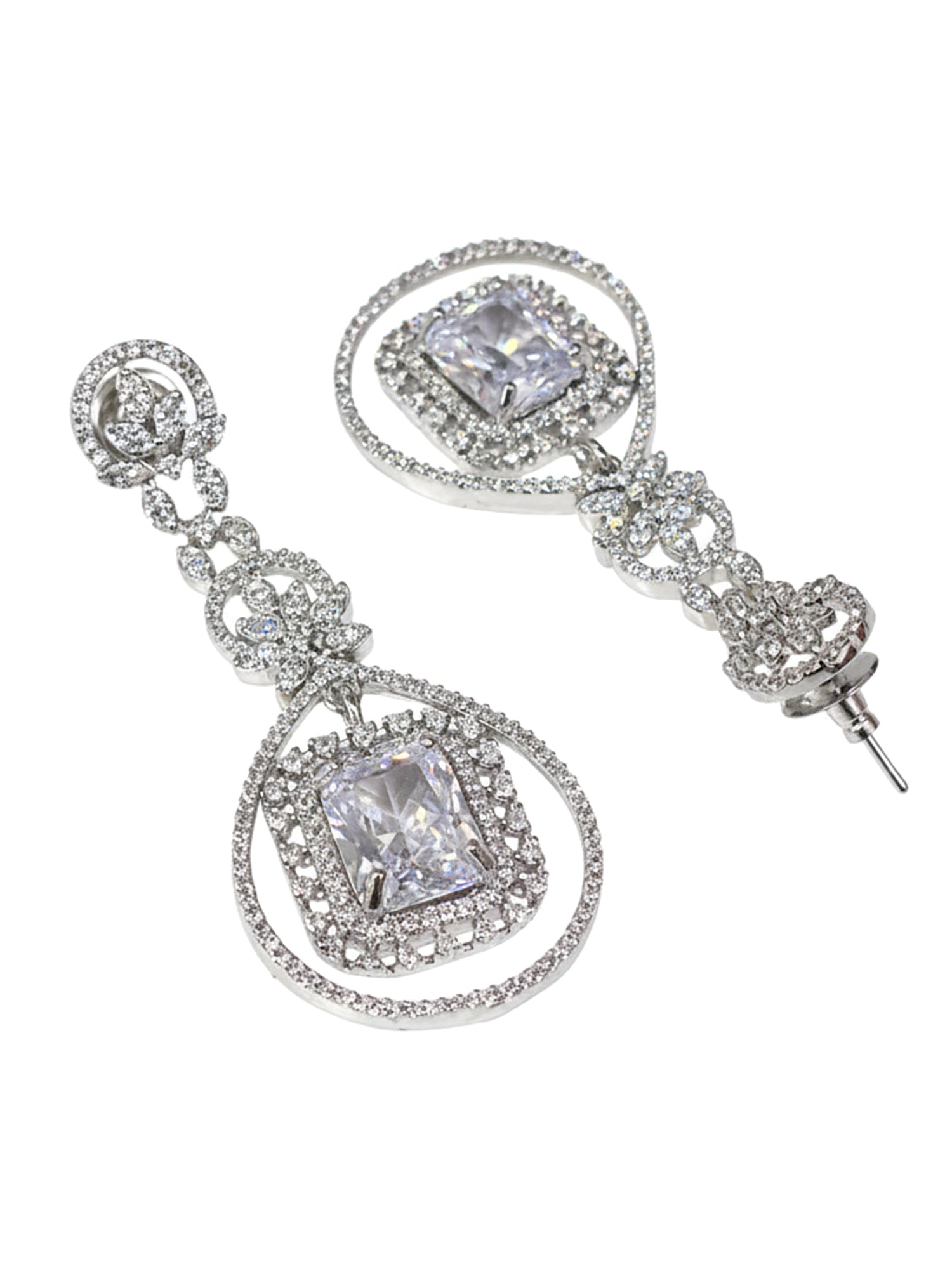 KARATCART Designer Silver-Plated Sparkling American Diamond Long Drop Earrings for Women - view 4