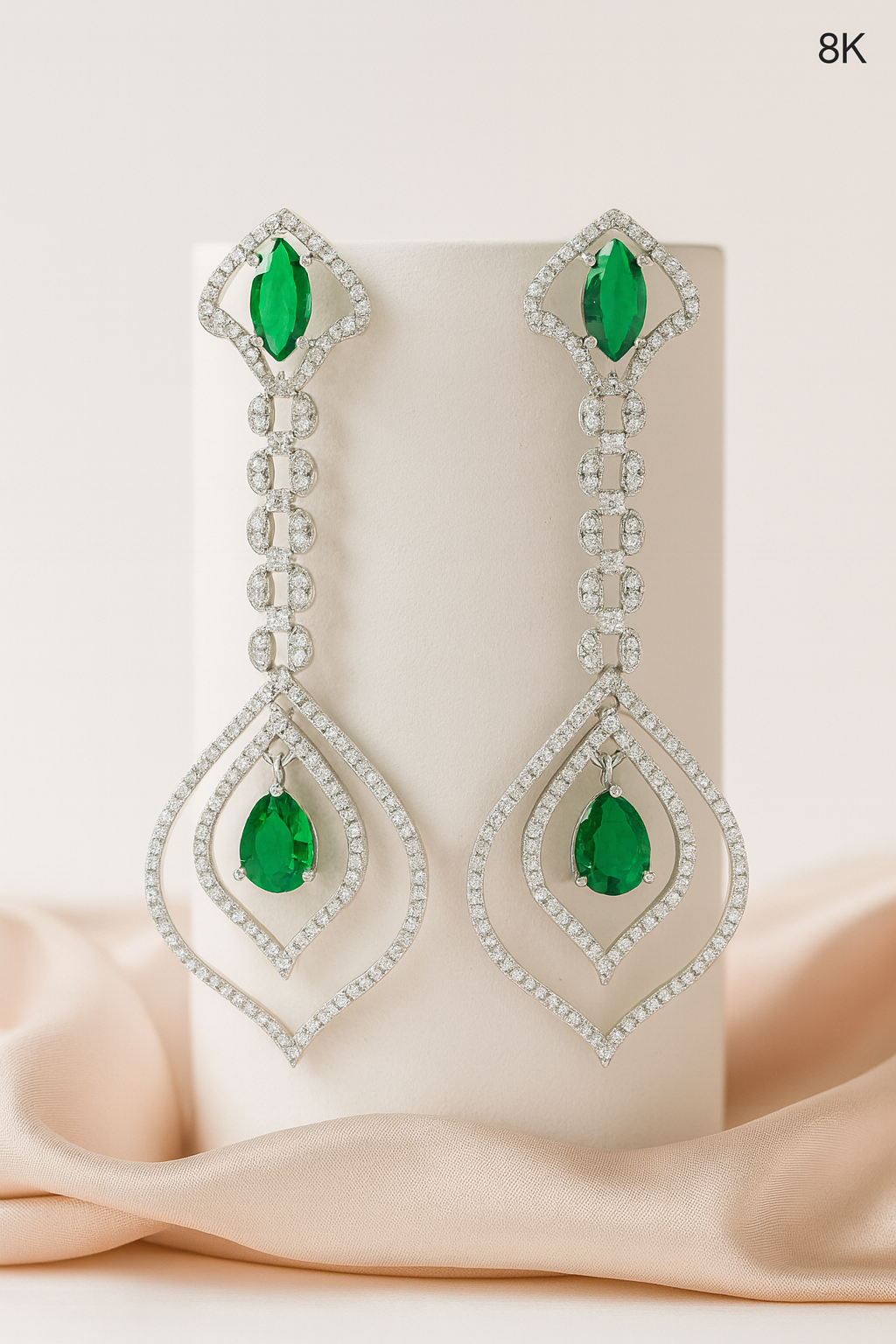 KARATCART Designer Silver-Tone Green American Diamond Long Drop Earrings for Women - Image 1