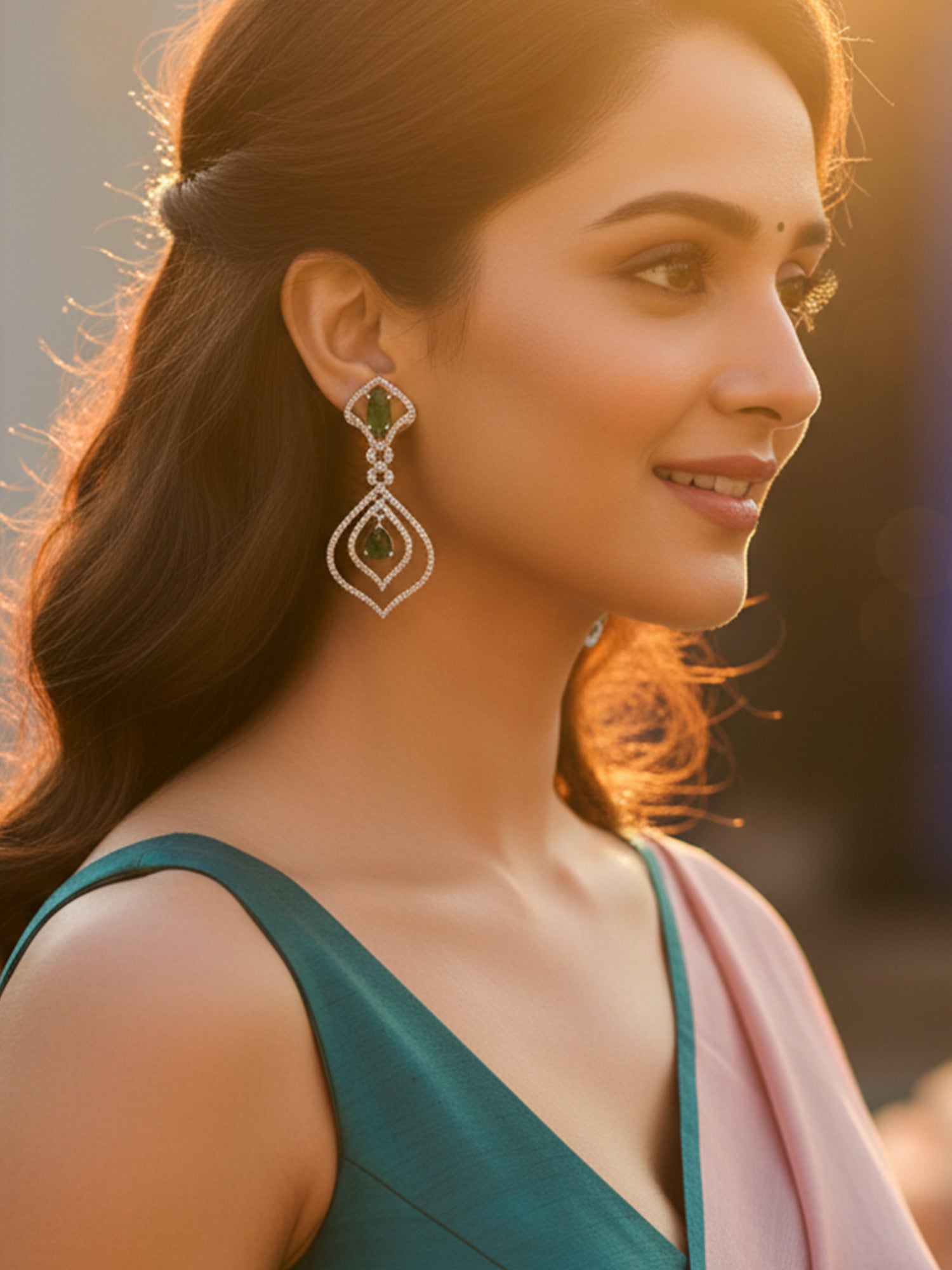 KARATCART Designer Silver-Tone Green American Diamond Long Drop Earrings for Women