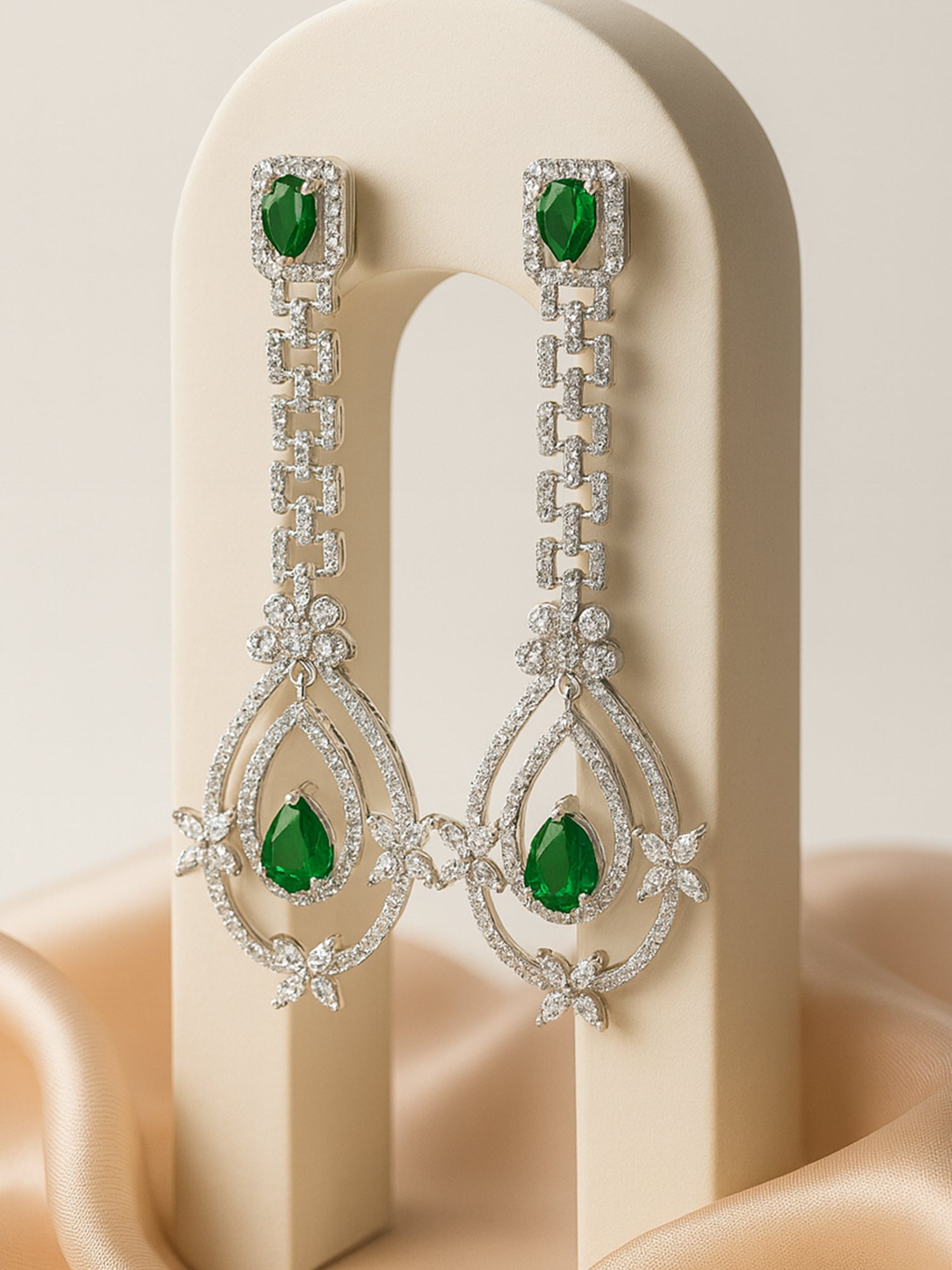 KARATCART Luxurious Silver-Plated Green American Diamond Long Drop Earrings for Women
