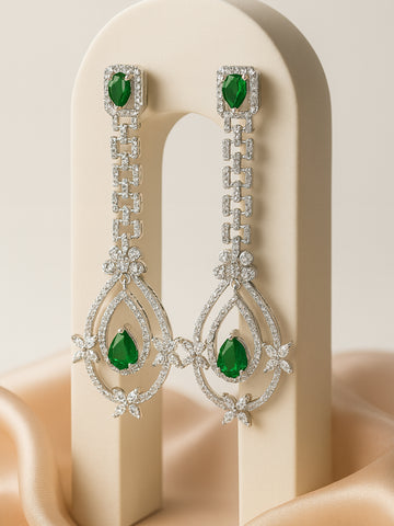 KARATCART Luxurious Silver-Plated Green American Diamond Long Drop Earrings for Women
