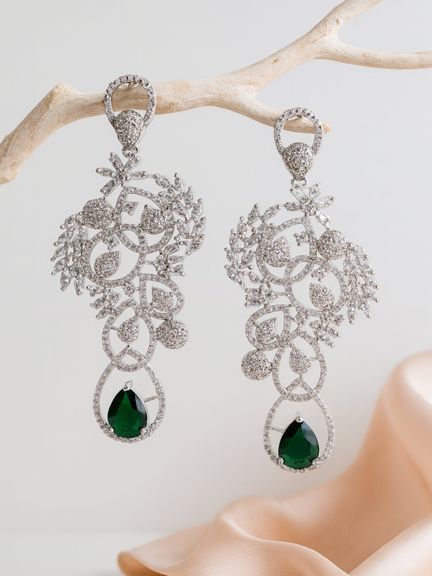KARATCART Designer Silver-Tone Green American Diamond Floral Drop Earrings for Women