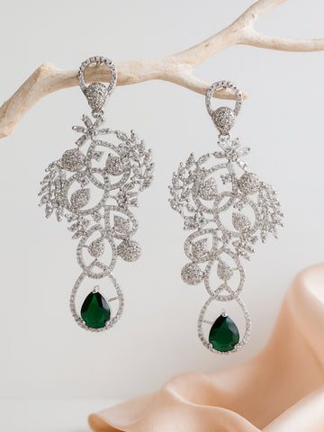 KARATCART Designer Silver-Tone Green American Diamond Floral Drop Earrings for Women