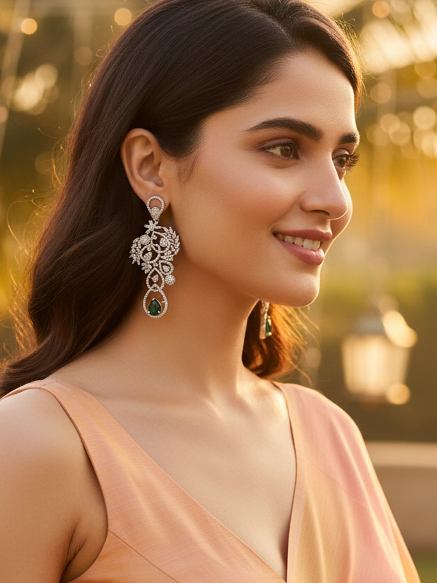 KARATCART Designer Silver-Tone Green American Diamond Floral Drop Earrings for Women