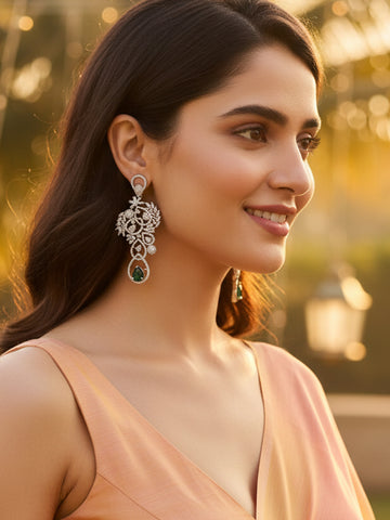 KARATCART Designer Silver-Tone Green American Diamond Floral Drop Earrings for Women